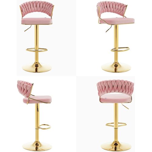 2 X Tabouret De Bar Avec Dossier Tissé, Pivotant, Hauteur Réglable, Base En Métal, En Velours, Rose