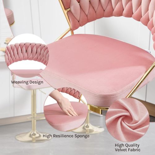 4 X Tabouret De Bar Avec Dossier Tissé, Pivotant, Hauteur Réglable, Base En Métal, En Velours, Rose