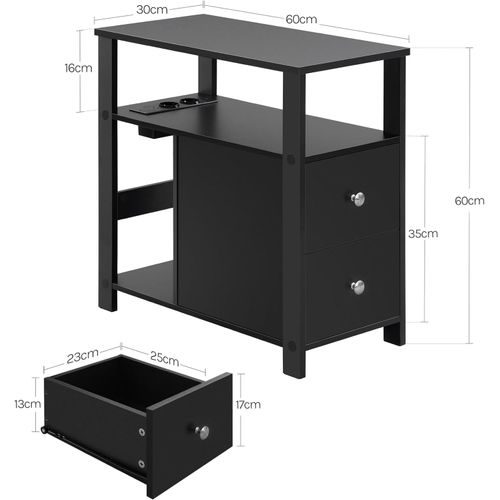 Table D'appoint Avec Prise Intégrée, Table De Chevet Avec 2 Tiroirs 2 Étagères, 60x60x30cm, Noir