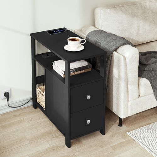 Table D'appoint Avec Prise Intégrée, Table De Chevet Avec 2 Tiroirs 2 Étagères, 60x60x30cm, Noir