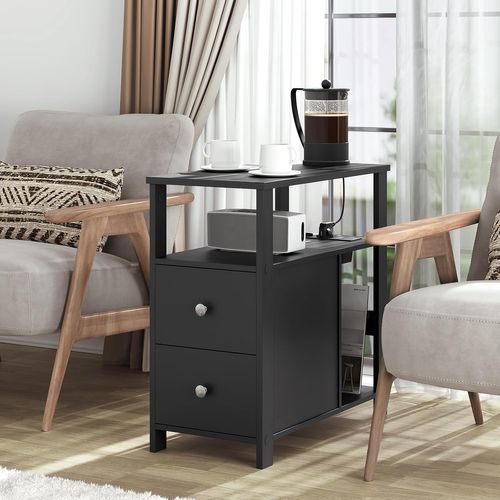 Table D'appoint Avec Prise Intégrée, Table De Chevet Avec 2 Tiroirs 2 Étagères, 60x60x30cm, Noir