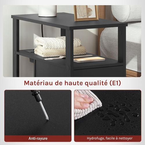 Table D'appoint Avec Prise Intégrée, Table De Chevet Avec 2 Tiroirs 2 Étagères, 60x60x30cm, Noir