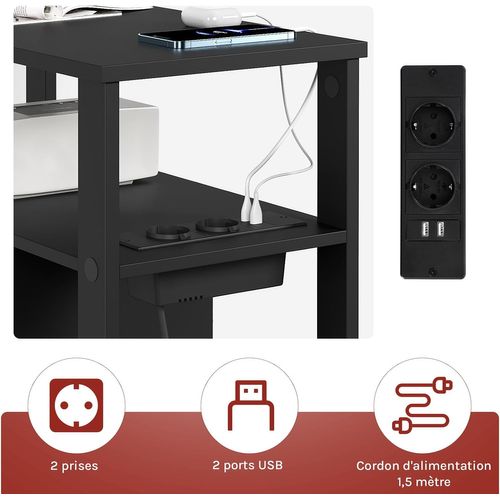Table D'appoint Avec Prise Intégrée, Table De Chevet Avec 2 Tiroirs 2 Étagères, 60x60x30cm, Noir