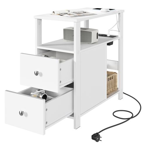 Table D'appoint Avec Prise Intégrée, Table De Chevet Avec 2 Tiroirs 2 Étagères, 60x60x30cm, Blanc