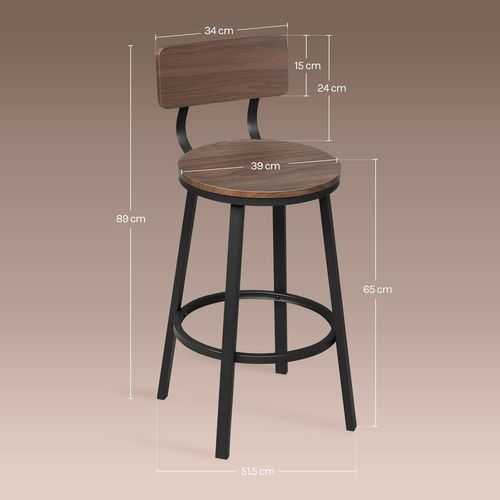Lot De 4 Tabouret De Bar, Chaise De Bar, Avec Repose-pieds Et Dossier, En Métal Et Mdf, Chêne Foncé