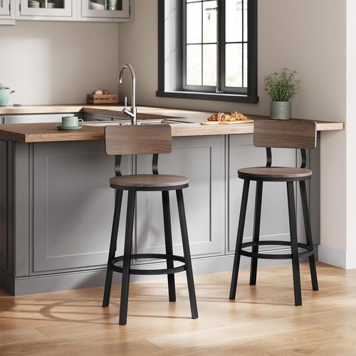 Lot De 4 Tabouret De Bar, Chaise De Bar, Avec Repose-pieds Et Dossier, En Métal Et Mdf, Chêne Foncé