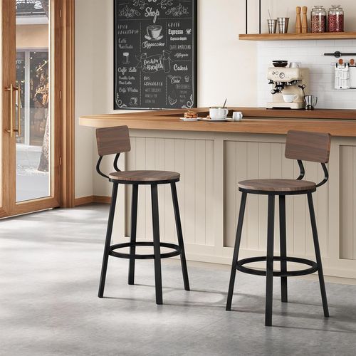 Lot De 4 Tabouret De Bar, Chaise De Bar, Avec Repose-pieds Et Dossier, En Métal Et Mdf, Chêne Foncé