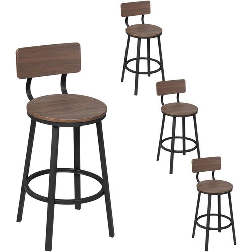 Lot De 4 Tabouret De Bar, Chaise De Bar, Avec Repose-pieds Et Dossier, En Métal Et Mdf, Chêne Foncé