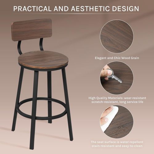 Lot De 4 Tabouret De Bar, Chaise De Bar, Avec Repose-pieds Et Dossier, En Métal Et Mdf, Chêne Foncé