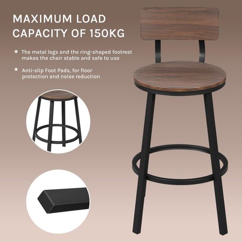 Lot De 4 Tabouret De Bar, Chaise De Bar, Avec Repose-pieds Et Dossier, En Métal Et Mdf, Chêne Foncé