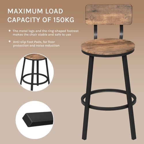 Lot De 4 Tabouret De Bar,Chaise De Bar,Avec Repose-pieds Et Dossier,En Métal Et MDF,Marron Rustique