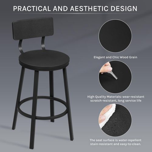 Lot De 4 Tabouret De Bar, Chaise De Bar, Avec Repose-pieds Et Dossier, En Métal Et Mdf, Noir