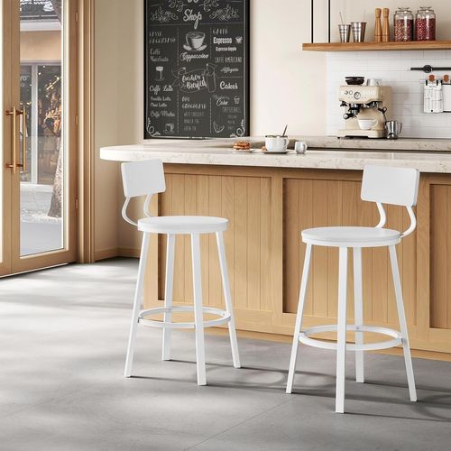 Lot De 4 Tabouret De Bar, Chaise De Bar, Avec Repose-pieds Et Dossier, En Métal Et Mdf, Blanc