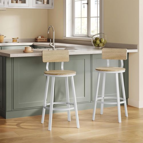 Lot De 2 Tabouret De Bar, Chaise De Bar, Avec Repose-pieds Et Dossier, En Métal Et Mdf, Chêne Clair