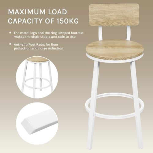 Lot De 2 Tabouret De Bar, Chaise De Bar, Avec Repose-pieds Et Dossier, En Métal Et Mdf, Chêne Clair