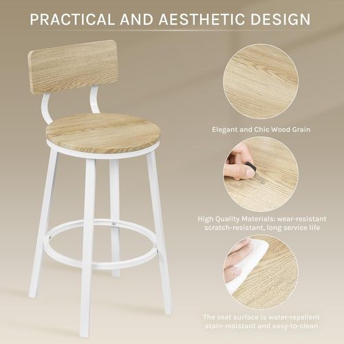 Lot De 4 Tabouret De Bar, Chaise De Bar, Avec Repose-pieds Et Dossier, En Métal Et Mdf, Chêne Clair