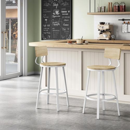 Lot De 6 Tabouret De Bar, Chaise De Bar, Avec Repose-pieds Et Dossier, En Métal Et Mdf, Chêne Clair