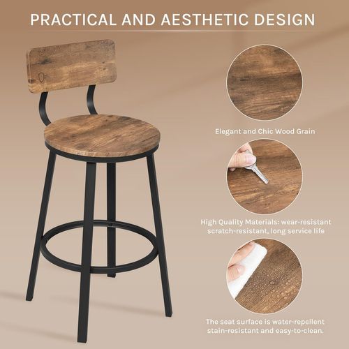 Lot De 2 Tabouret De Bar,Chaise De Bar,Avec Repose-pieds Et Dossier,En Métal Et MDF,Marron Rustique