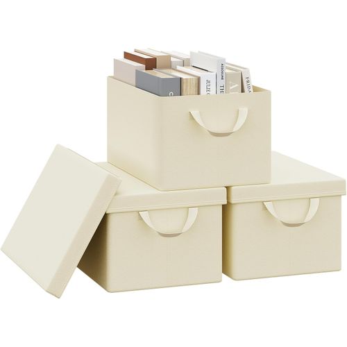Lot De 3 Boîte De Rangement Pliable, Panier De Rangement En Tissu, Avec Poignées, Crème, 38x20x27cm