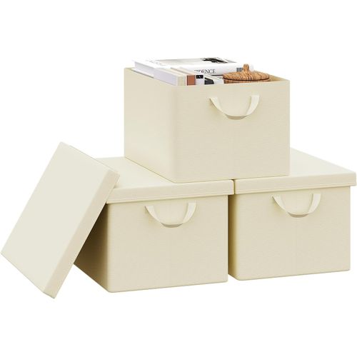Lot De 3 Boîte De Rangement Pliable, Panier De Rangement En Tissu, Avec Poignées, Crème, 43x26x33cm