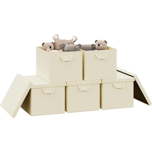 Lot De 5 Boîte De Rangement Pliable, Panier De Rangement En Tissu, Avec Poignées, Crème, 48x30x36cm