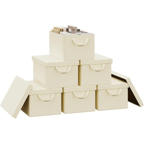 Lot De 6 Boîte De Rangement Pliable, Panier De Rangement En Tissu, Avec Poignées, Crème, 38x20x27cm