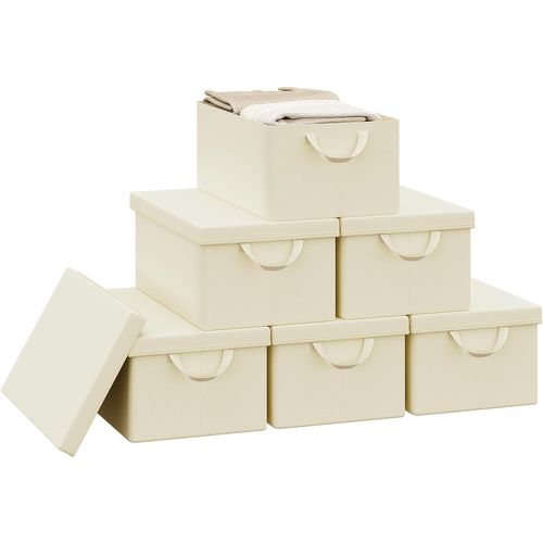 Lot De 6 Boîte De Rangement Pliable, Panier De Rangement En Tissu, Avec Poignées, Crème, 48x20x29cm