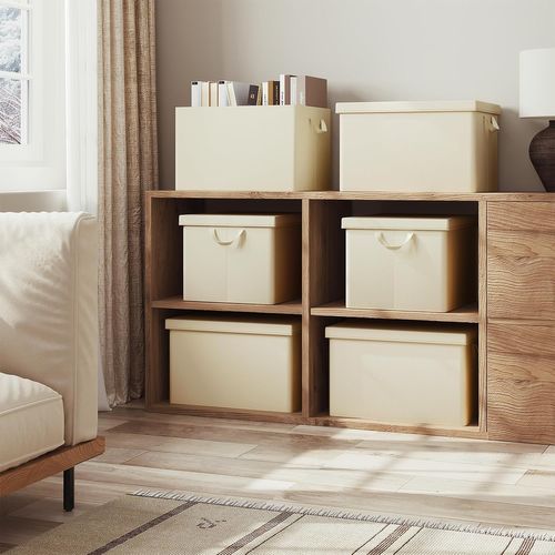Lot De 6 Boîte De Rangement Pliable, Panier De Rangement En Tissu, Avec Poignées, Crème, 48x30x36cm