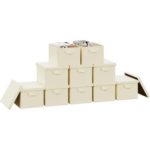 Lot De 10 Boîte De Rangement Pliable, Panier De Rangement En Tissu, Avec Poignées, Crème,43x26x33cm