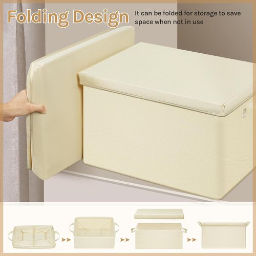 Lot De 3 Boîte De Rangement Pliable, Panier De Rangement En Tissu, Avec Poignées, Crème, 48x30x36cm
