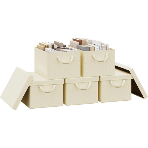 Lot De 5 Boîte De Rangement Pliable, Panier De Rangement En Tissu, Avec Poignées, Crème, 38x20x27cm