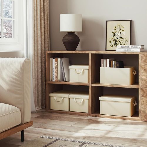 Lot De 5 Boîte De Rangement Pliable, Panier De Rangement En Tissu, Avec Poignées, Crème, 48x20x29cm