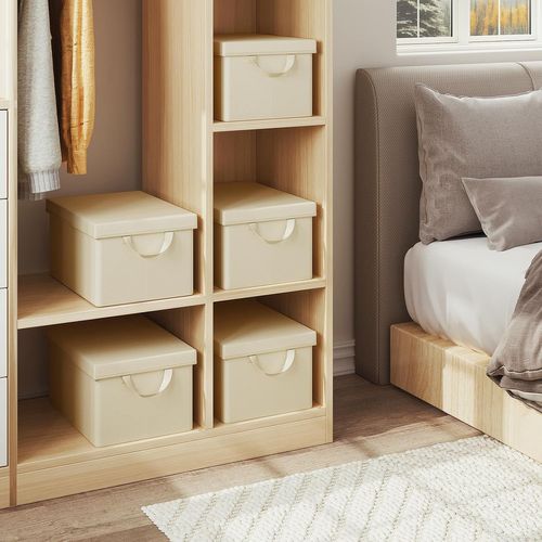 Lot De 5 Boîte De Rangement Pliable, Panier De Rangement En Tissu, Avec Poignées, Crème, 48x20x29cm