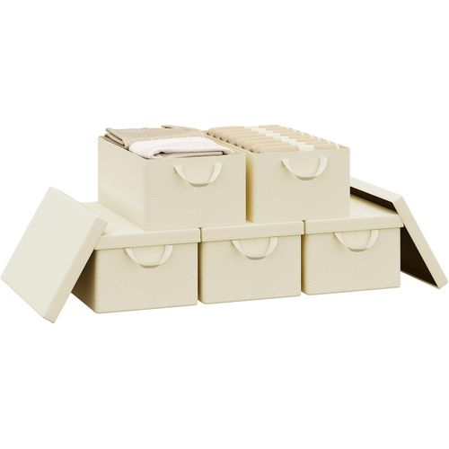 Lot De 5 Boîte De Rangement Pliable, Panier De Rangement En Tissu, Avec Poignées, Crème, 48x20x29cm