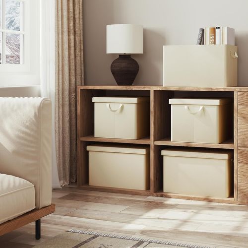 Lot De 5 Boîte De Rangement Pliable, Panier De Rangement En Tissu, Avec Poignées, Crème, 43x26x33cm