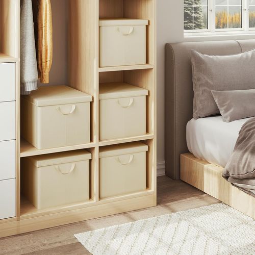 Lot De 5 Boîte De Rangement Pliable, Panier De Rangement En Tissu, Avec Poignées, Crème, 43x26x33cm