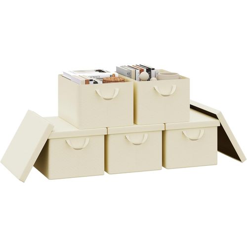 Lot De 5 Boîte De Rangement Pliable, Panier De Rangement En Tissu, Avec Poignées, Crème, 43x26x33cm