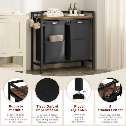 Panier à Linge 2 Compartiments, 40l/panier, Avec Étagère,en Tissu Oxford Amovible,marron + Noir