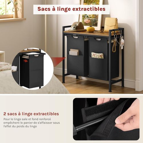 Panier à Linge 2 Compartiments, 40l/panier, Avec Étagère,en Tissu Oxford Amovible,marron + Noir