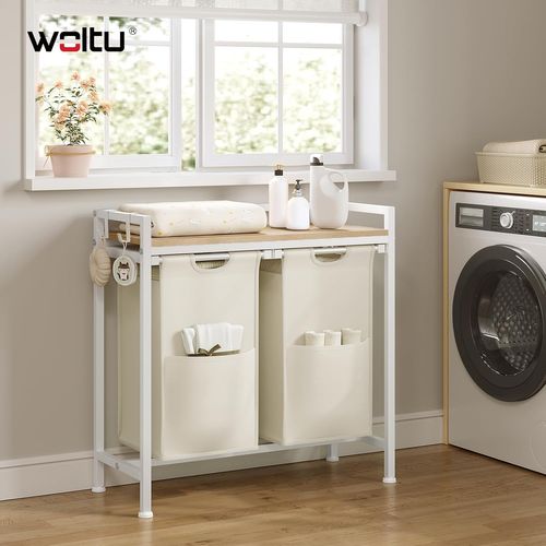 Panier à Linge 2 Compartiments, 40l/panier, Avec Étagère,en Tissu Oxford Amovible,blanc+chêne Clair