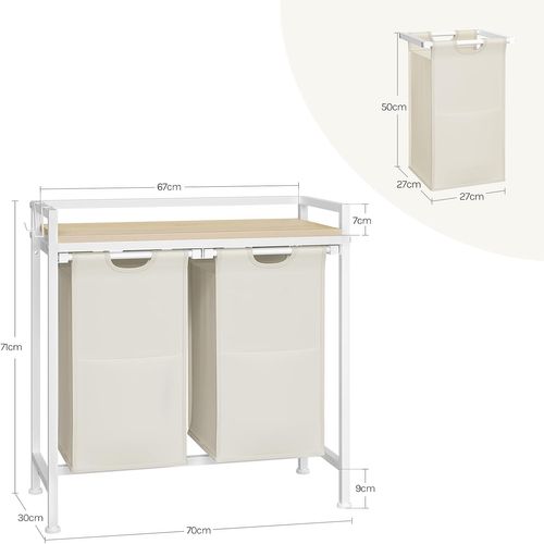 Panier à Linge 2 Compartiments, 40l/panier, Avec Étagère,en Tissu Oxford Amovible,blanc+chêne Clair
