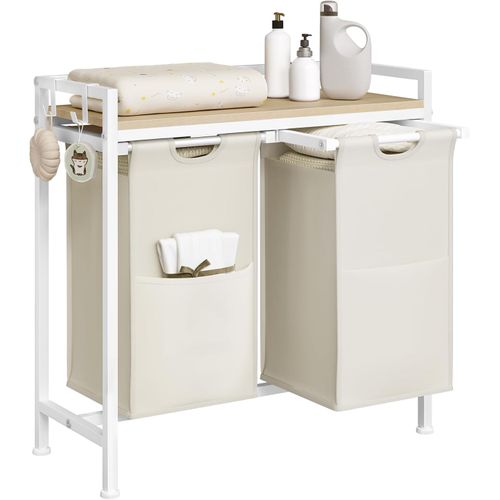 Panier à Linge 2 Compartiments, 40l/panier, Avec Étagère,en Tissu Oxford Amovible,blanc+chêne Clair