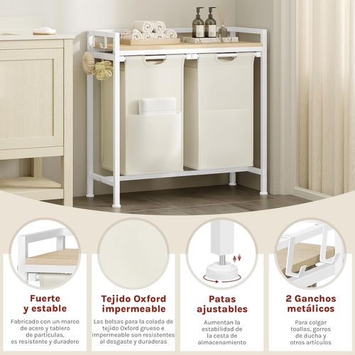 Panier à Linge 2 Compartiments, 40l/panier, Avec Étagère,en Tissu Oxford Amovible,blanc+chêne Clair