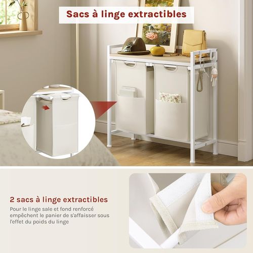Panier à Linge 2 Compartiments, 40l/panier, Avec Étagère,en Tissu Oxford Amovible,blanc+chêne Clair