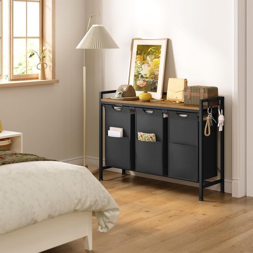 Panier à Linge 3 Compartiments, 40l/Panier, Avec Étagère, En Tissu Oxford Amovible, Marron + Noir