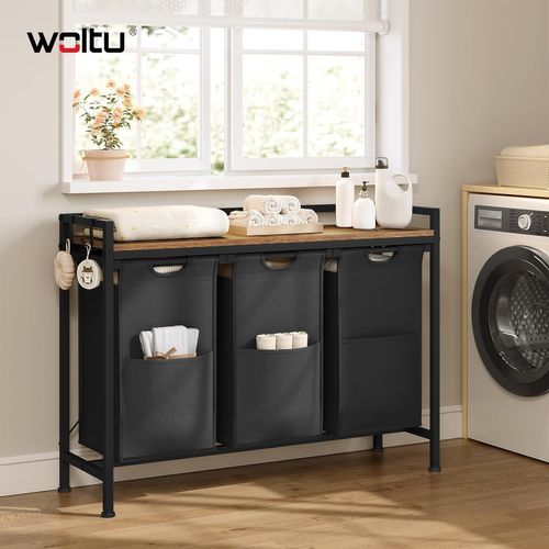 Panier à Linge 3 Compartiments, 40l/Panier, Avec Étagère, En Tissu Oxford Amovible, Marron + Noir