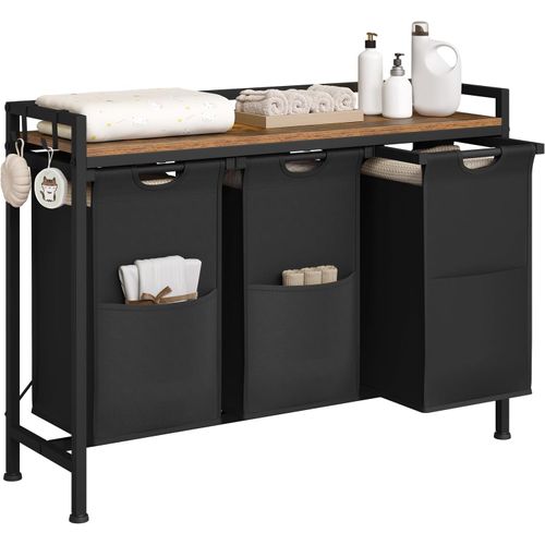 Panier à Linge 3 Compartiments, 40l/Panier, Avec Étagère, En Tissu Oxford Amovible, Marron + Noir