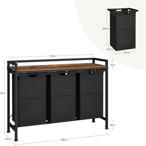 Panier à Linge 3 Compartiments, 40l/Panier, Avec Étagère, En Tissu Oxford Amovible, Marron + Noir