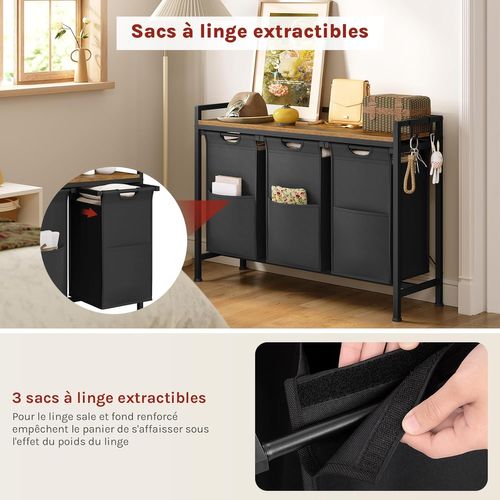 Panier à Linge 3 Compartiments, 40l/Panier, Avec Étagère, En Tissu Oxford Amovible, Marron + Noir