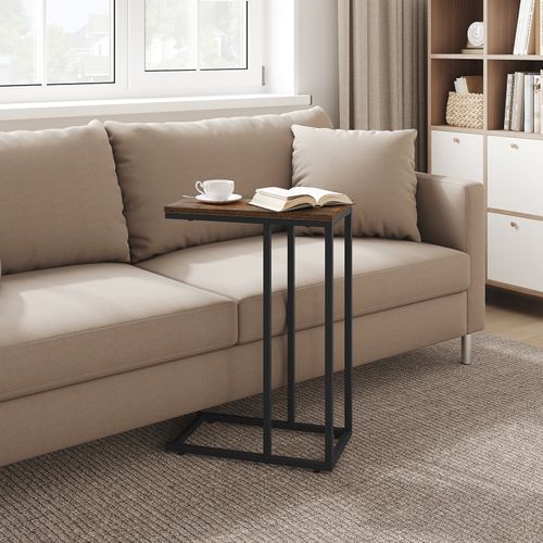 Table Bout De Canapé De Salon En Métal Et Mdf, 45x25x63,5cm, Marron Rustique + Noir
